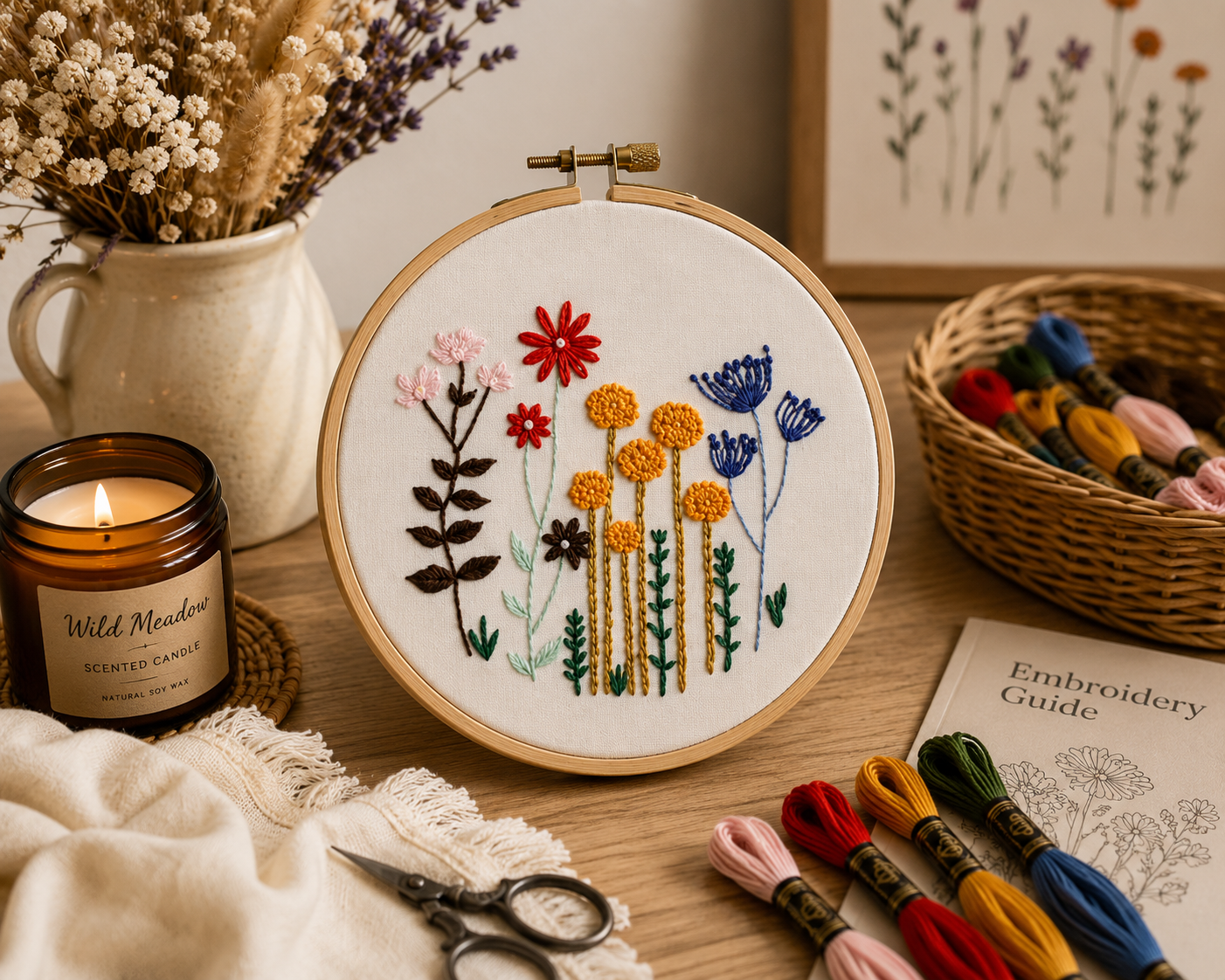 Embroidery hoop with floral design on a table with embroidery supplies.