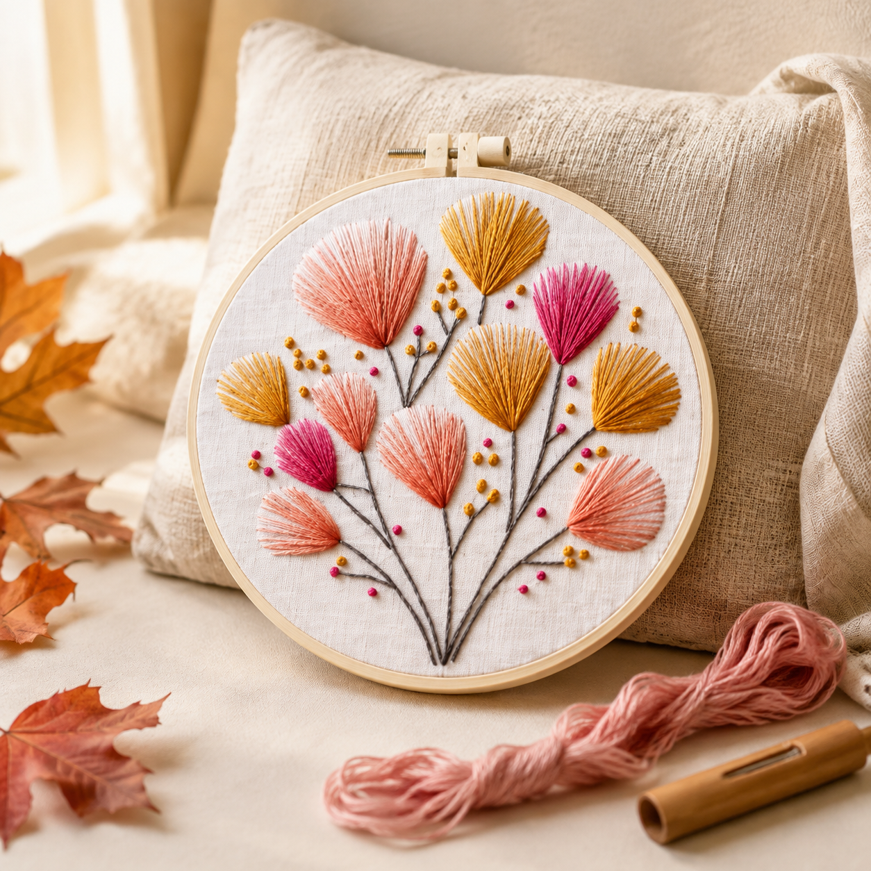 A round embroidery hoop holding a floral textile design in warm autumn colors, styled on a beige cushion with pink thread, a wooden tool, and fallen leaves nearby.