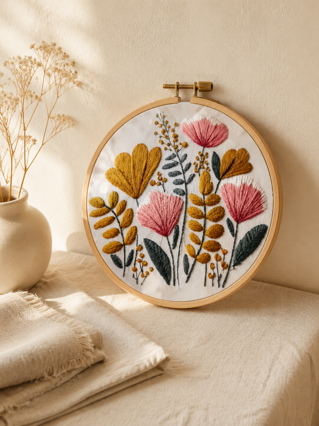 Golden and rose embroidery design on a table with a vase.