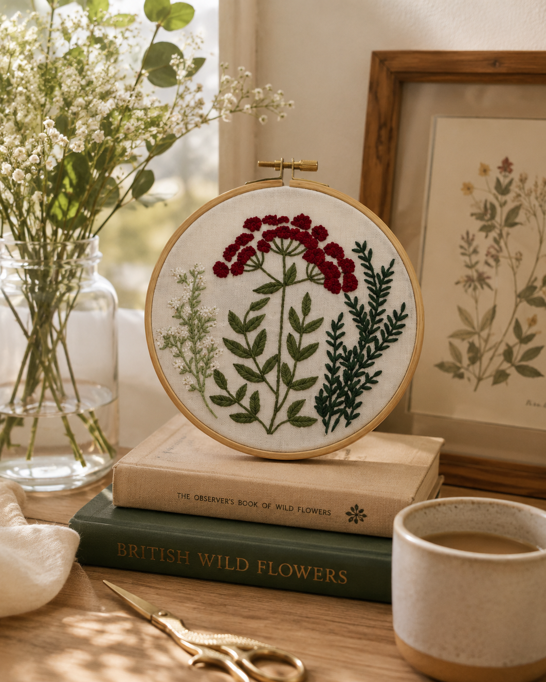 Embroidery hoop with floral design on books, surrounded by a cup, scissors, and a vase with flowers.