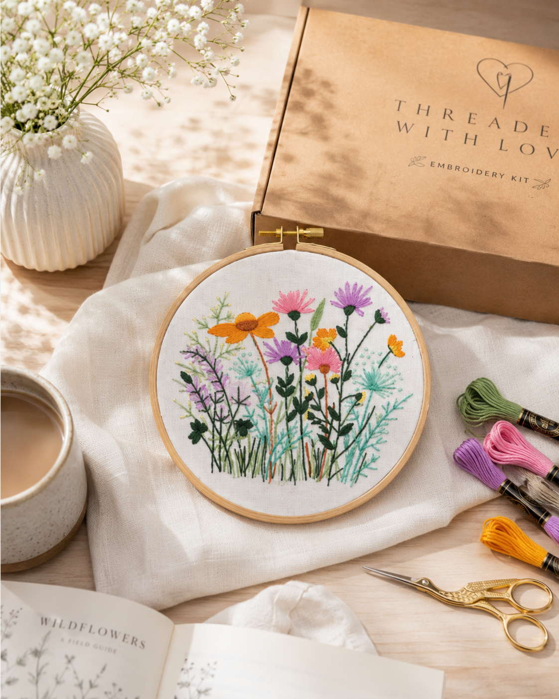 Embroidery hoop with floral design, embroidery kit box, and supplies on a wooden surface.