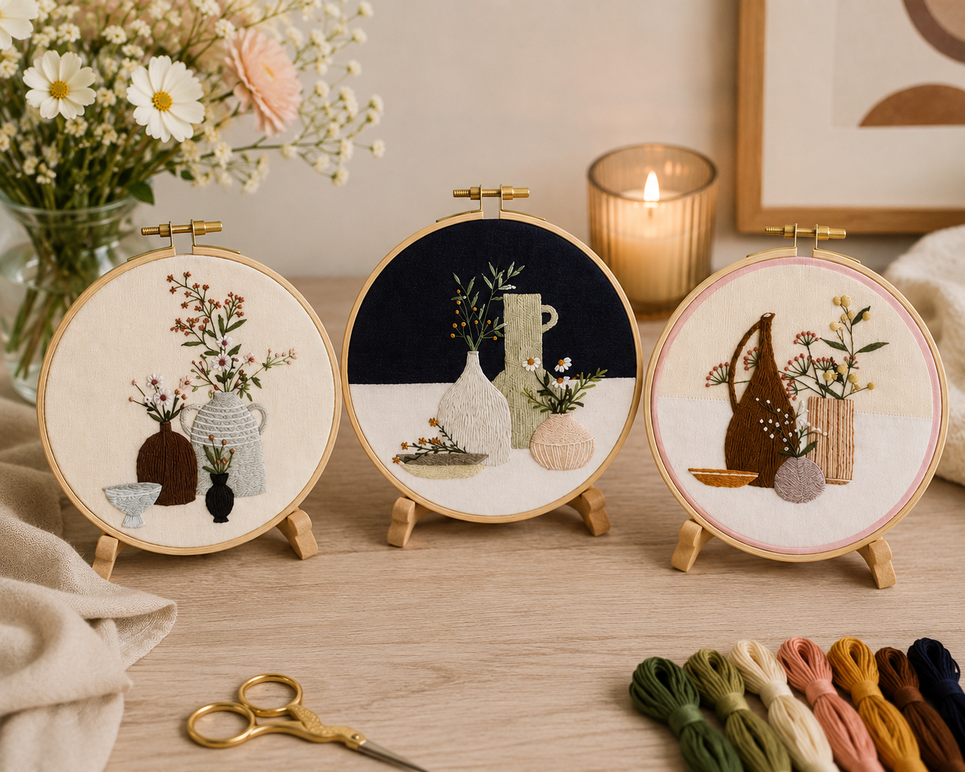 Three embroidered hoops on stands with floral and vase designs, surrounded by embroidery threads and a candle.