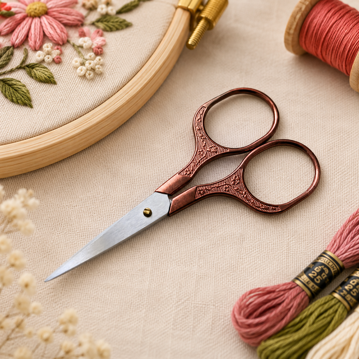 Decorative embroidery scissors with ornate rose-gold handles and silver blades, styled on a beige linen background with embroidery hoops, thread spools, and embroidery floss.