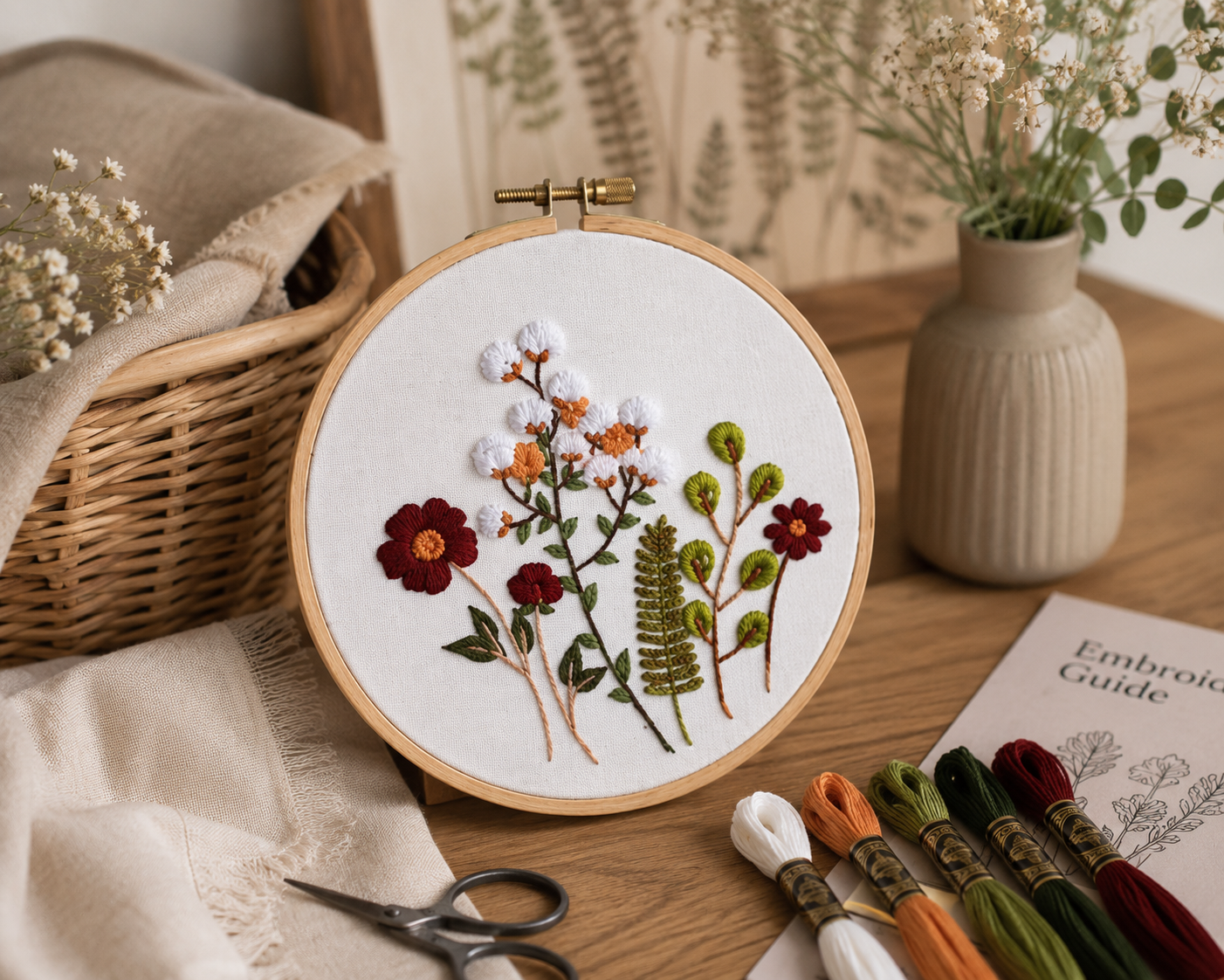 Embroidery hoop with floral design on a wooden table with embroidery thread and scissors.