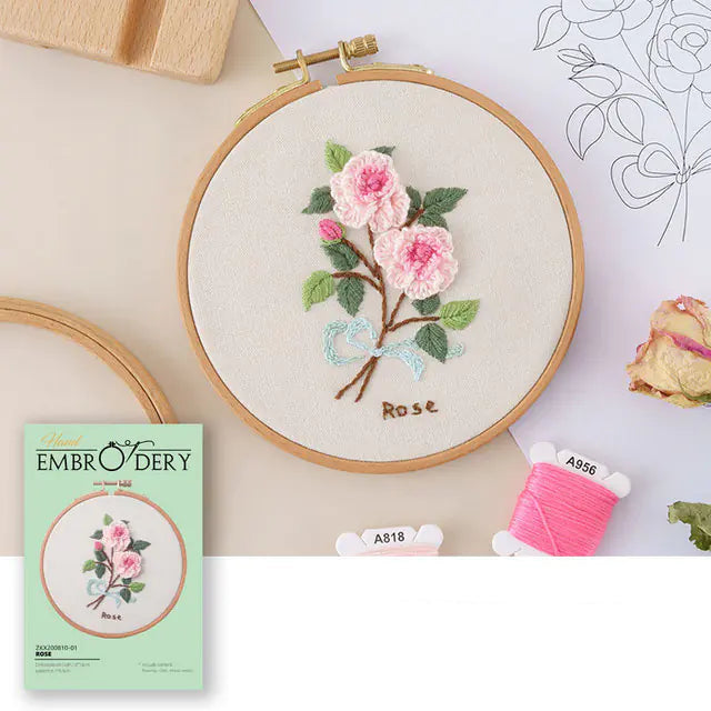 Rose Delicate Blooms – Beginner Floral Embroidery Kit | Pre-Printed DIY Craft Set