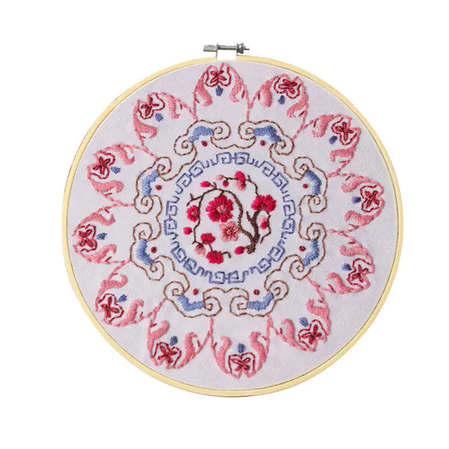 Mandala Collection – Cherry Blossom Mandala Pattern | Beginner Embroidery Kit | Pre-Printed DIY Craft Set