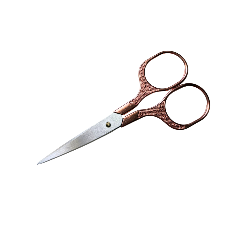 Decorative scissors with ornate rose gold handles and silver stainless steel blades, shown on a plain white background.