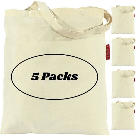 Saan Club 100% Cotton Tote Bags Bulk - Pack of 5 Canvas Tote Bags Plain Lightweight Washable Foldable Canvas Grocery Bags Reusable Shopping Bags for Groceries