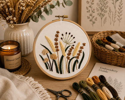 Embroidery hoop with floral design on a table with embroidery supplies.
