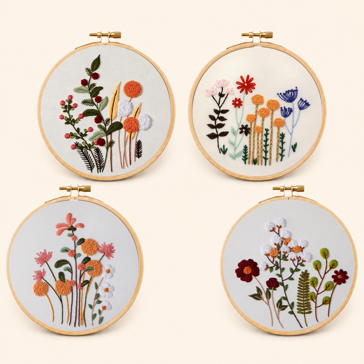 Four embroidery designs with fall wildflowers in hoops