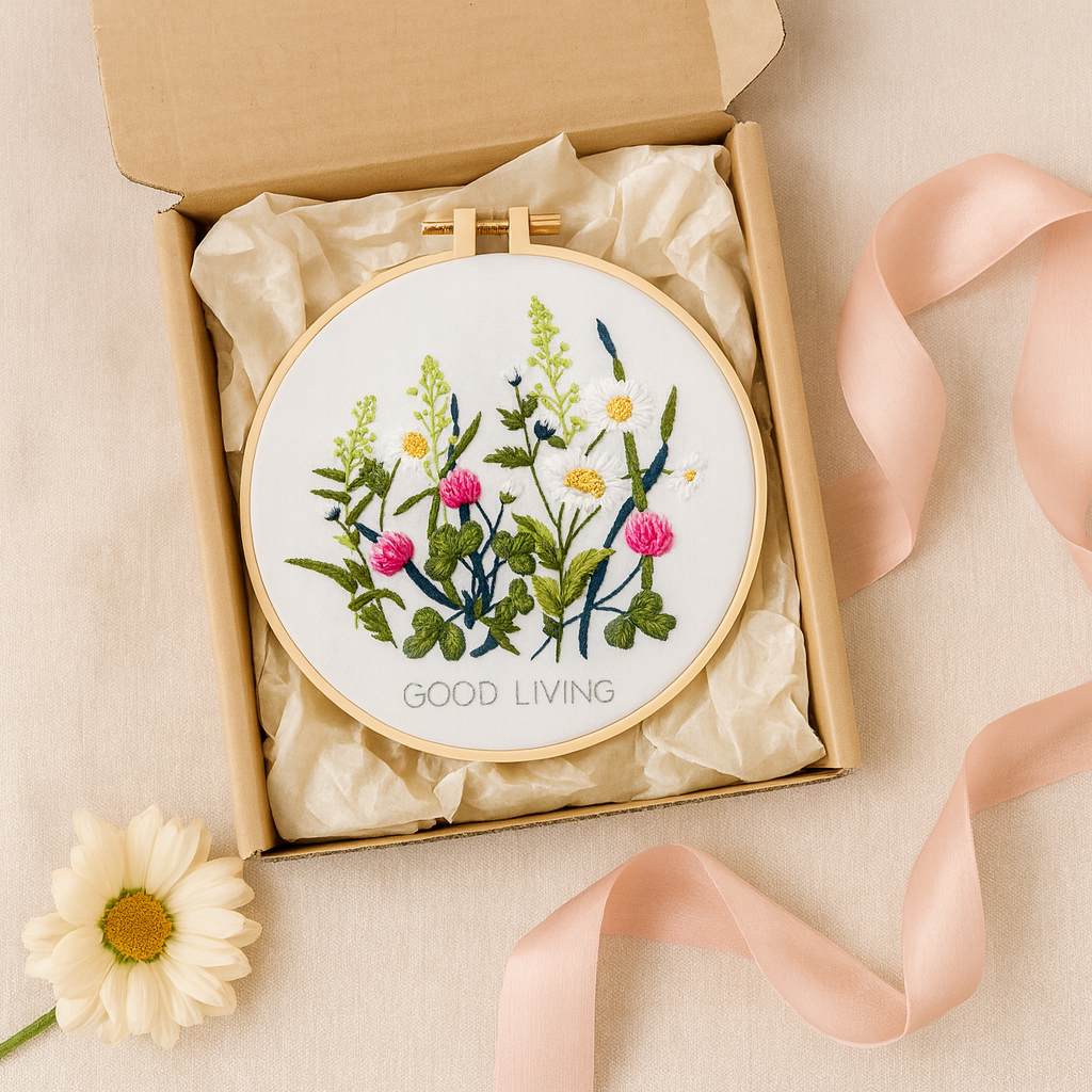 Embroidery kit in a gift box with tissue paper and ribbon, featuring a stitched floral hoop design — ideal for gifting.