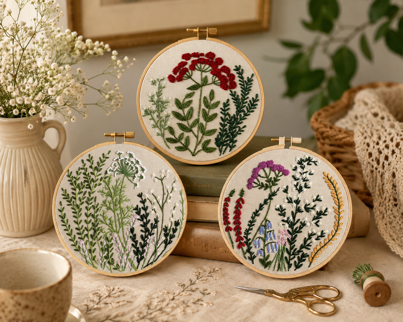 Three embroidery hoops with floral patterns on a table with a cup, scissors, and plants.