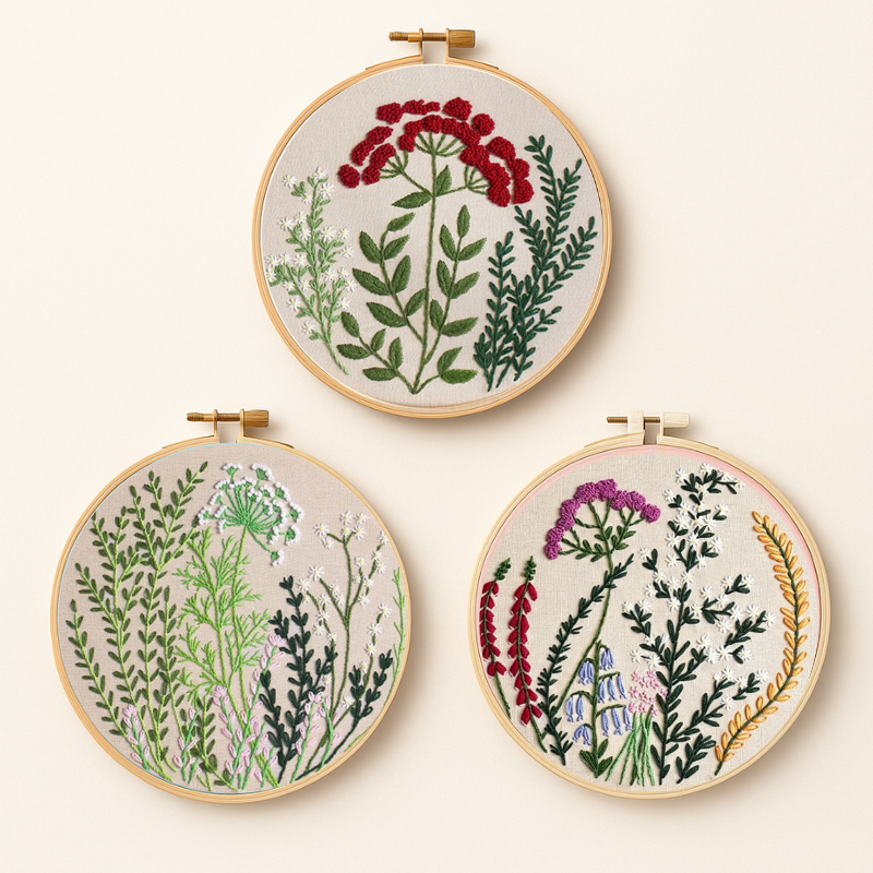 Three embroidery botanical designs in 3 hoops