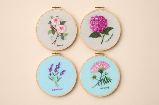 Four hoops with four floral designs: rose, hydrangea, lavender and lotus
