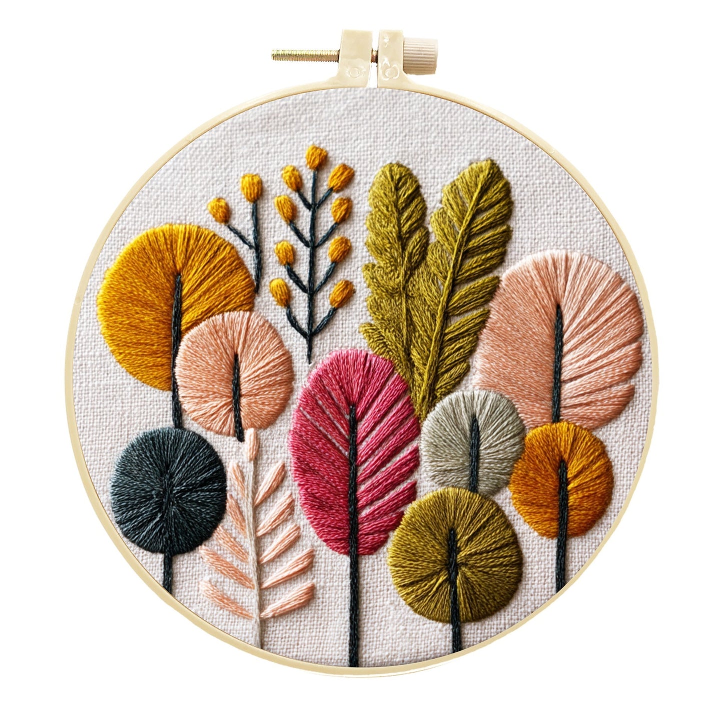 A round embroidery hoop displaying a colorful embroidered botanical design of stylized trees and leaves in mustard yellow, pink, sage green, peach, and dark teal on a white fabric background.