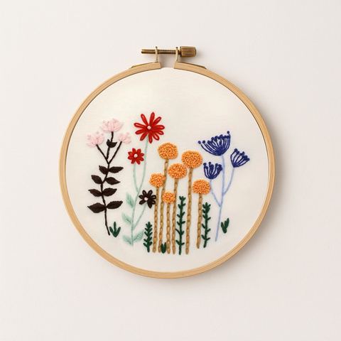 Embroidery hoop with fall embroidery flowers in orange, pink, red and blue