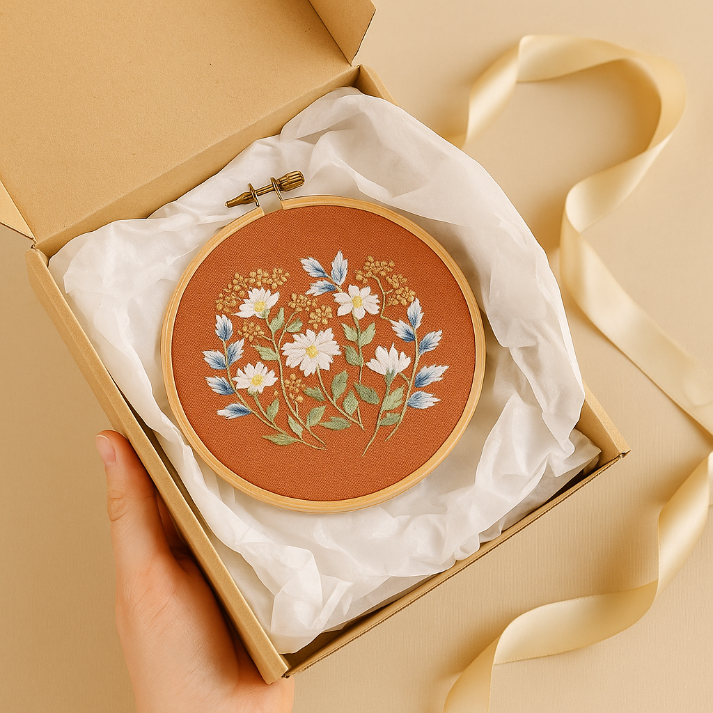 Embroidery kit in a gift box with tissue paper and ribbon, featuring a stitched floral hoop design — ideal for gifting.