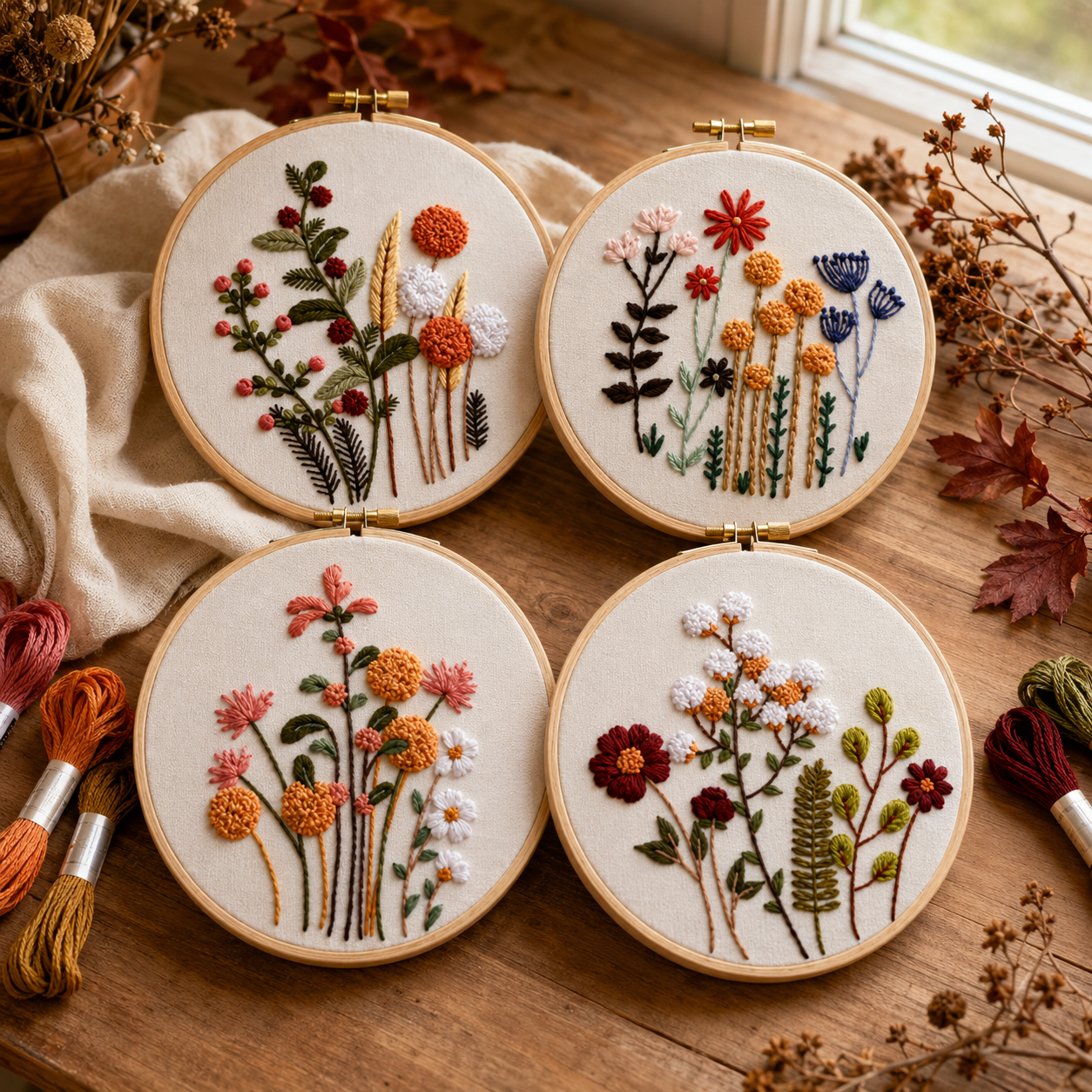 Four circular embroidery hoops arranged on a wooden table, each containing a colorful floral and botanical needlepoint design. The scene includes dried leaves, a beige cloth, and spools of thread around the hoops.