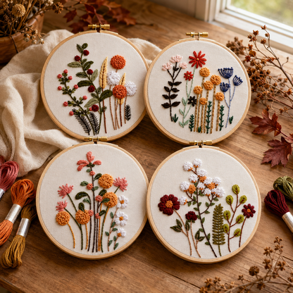 Four circular embroidery hoops arranged on a wooden table, each containing a colorful floral and botanical needlepoint design. The scene includes dried leaves, a beige cloth, and spools of thread around the hoops.