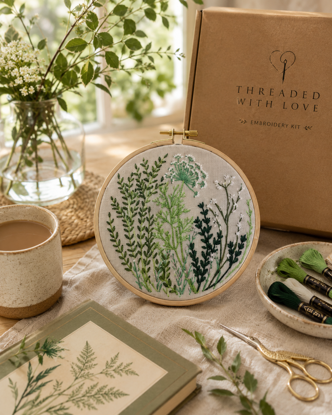 Embroidery hoop with green leaf pattern on a table with embroidery kit and supplies.