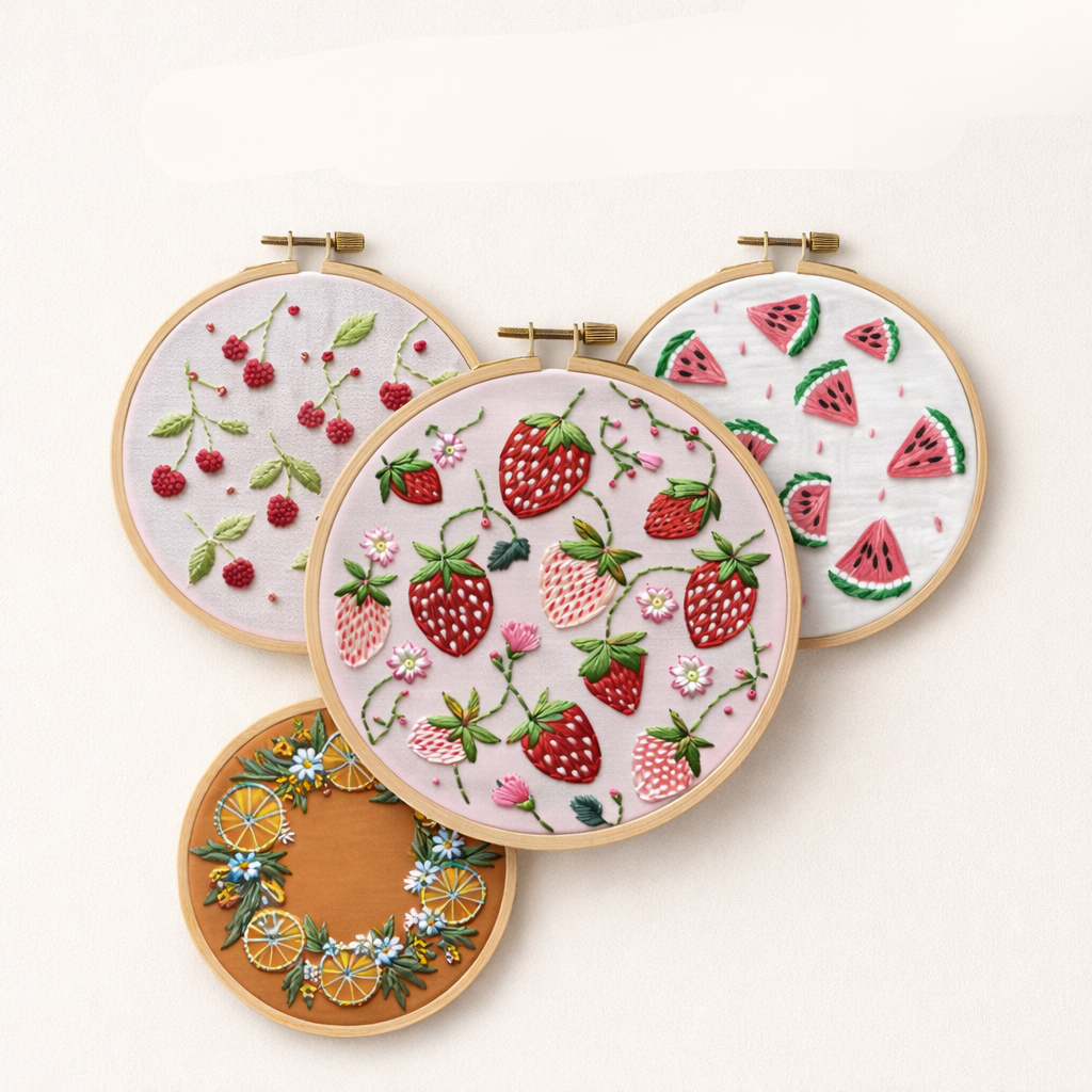 Four hoops with strawberry, watermelon, orange and cherry embroidery designs