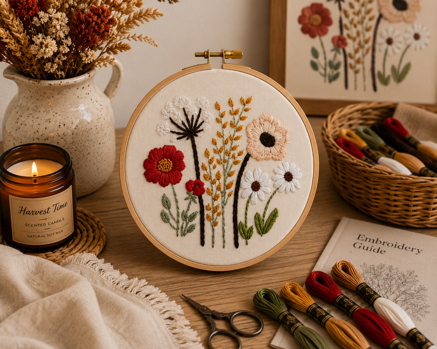 Embroidery hoop with floral design on a wooden table with embroidery supplies.