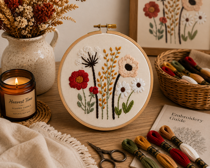 Embroidery hoop with floral design on a wooden table with embroidery supplies.