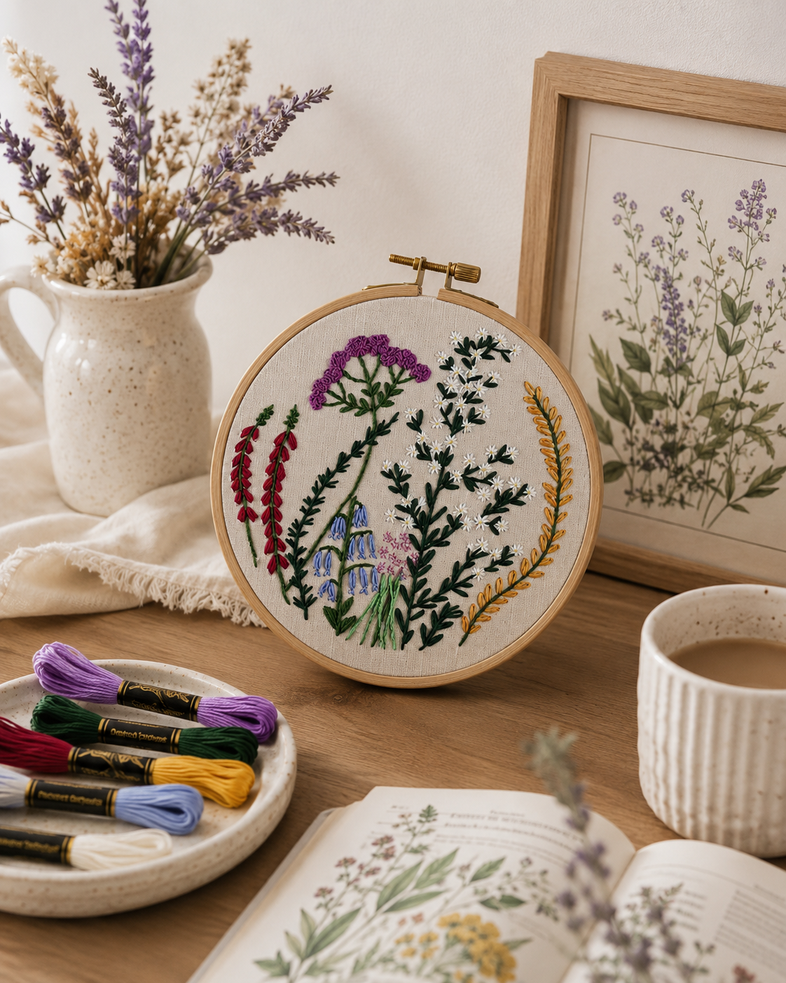 Embroidery hoop with floral design, embroidery threads, and a cup of coffee on a wooden table.