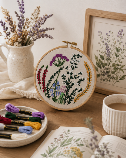 Embroidery hoop with floral design, embroidery threads, and a cup of coffee on a wooden table.