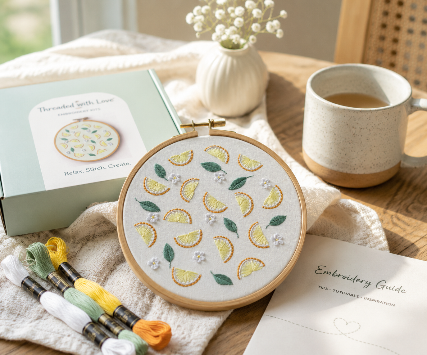 Embroidery hoop with lemon pattern on a table with embroidery supplies and a cup of tea.
