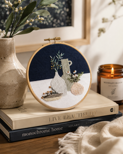 Embroidery hoop with a nature-themed design on a stack of books with a candle and vase in the background.