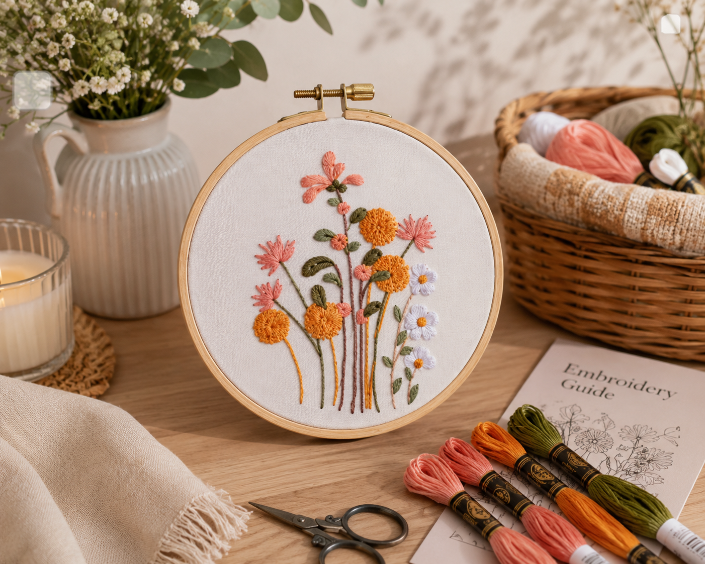 Embroidery hoop with floral design on a wooden table with embroidery threads and scissors.