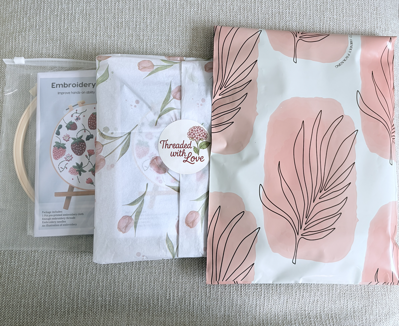 Packaging of Threaded with Love kits shipped from the US