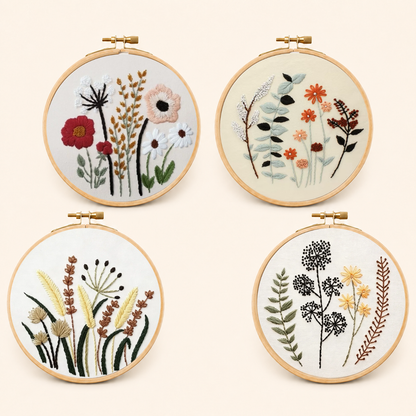Four botanical fall embroidery designs in hoops
