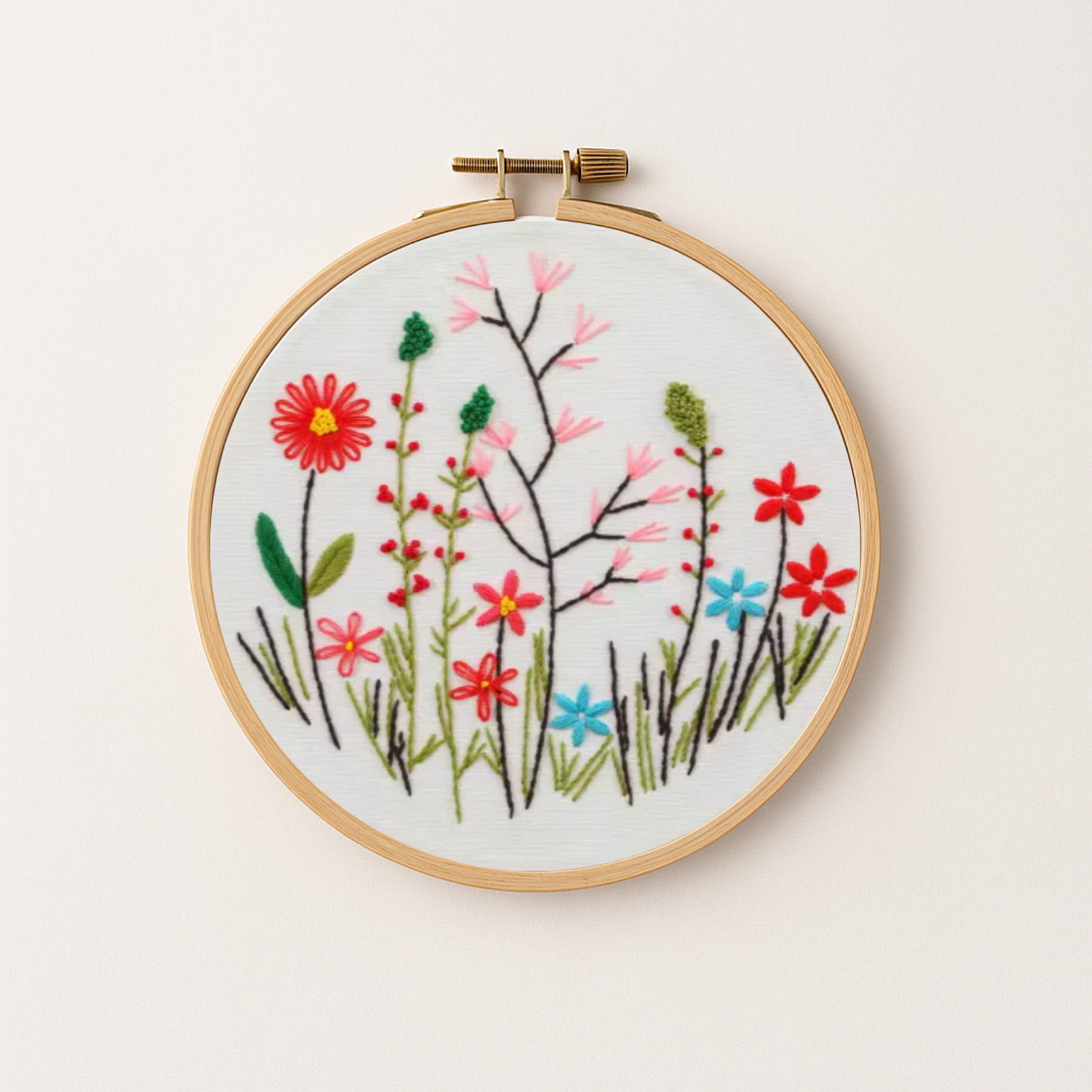 Spring wildflowers embroidery design in a hoop