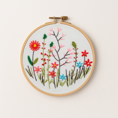 Spring wildflowers embroidery design in a hoop