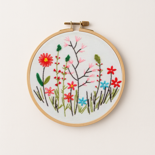 Spring wildflowers embroidery design in a hoop