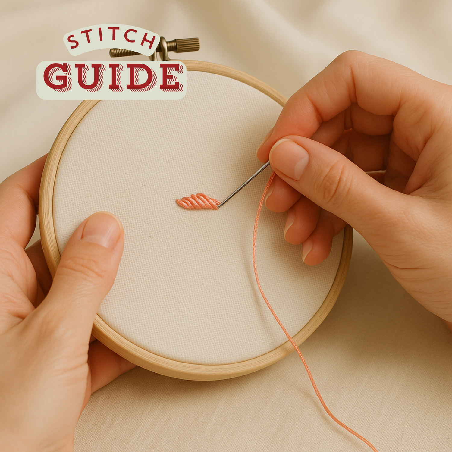 Hands Stitching with the phrase Stitch Guide in the corner