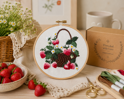 Embroidery hoop with a floral and fruit design on a table with strawberries and a box labeled 'Threaded with Love'.
