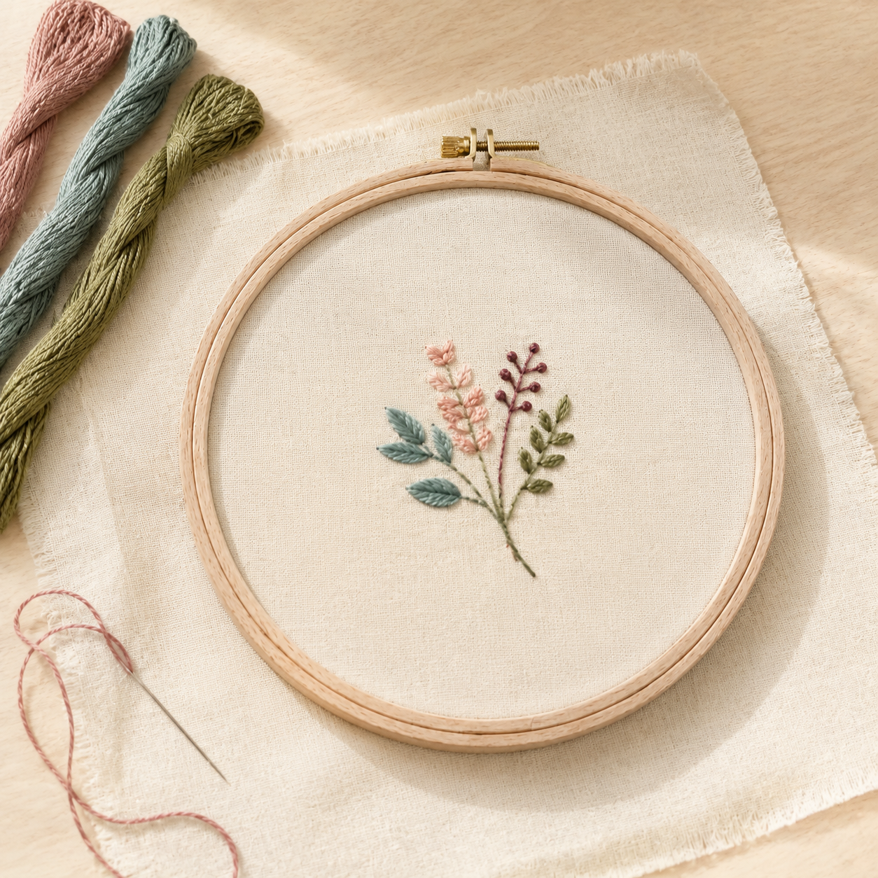 Wooden Embroidery Hoop – 8 inch (20 cm) over fabric and an embroidery design with 3 skeins and a threaded needle nearby.