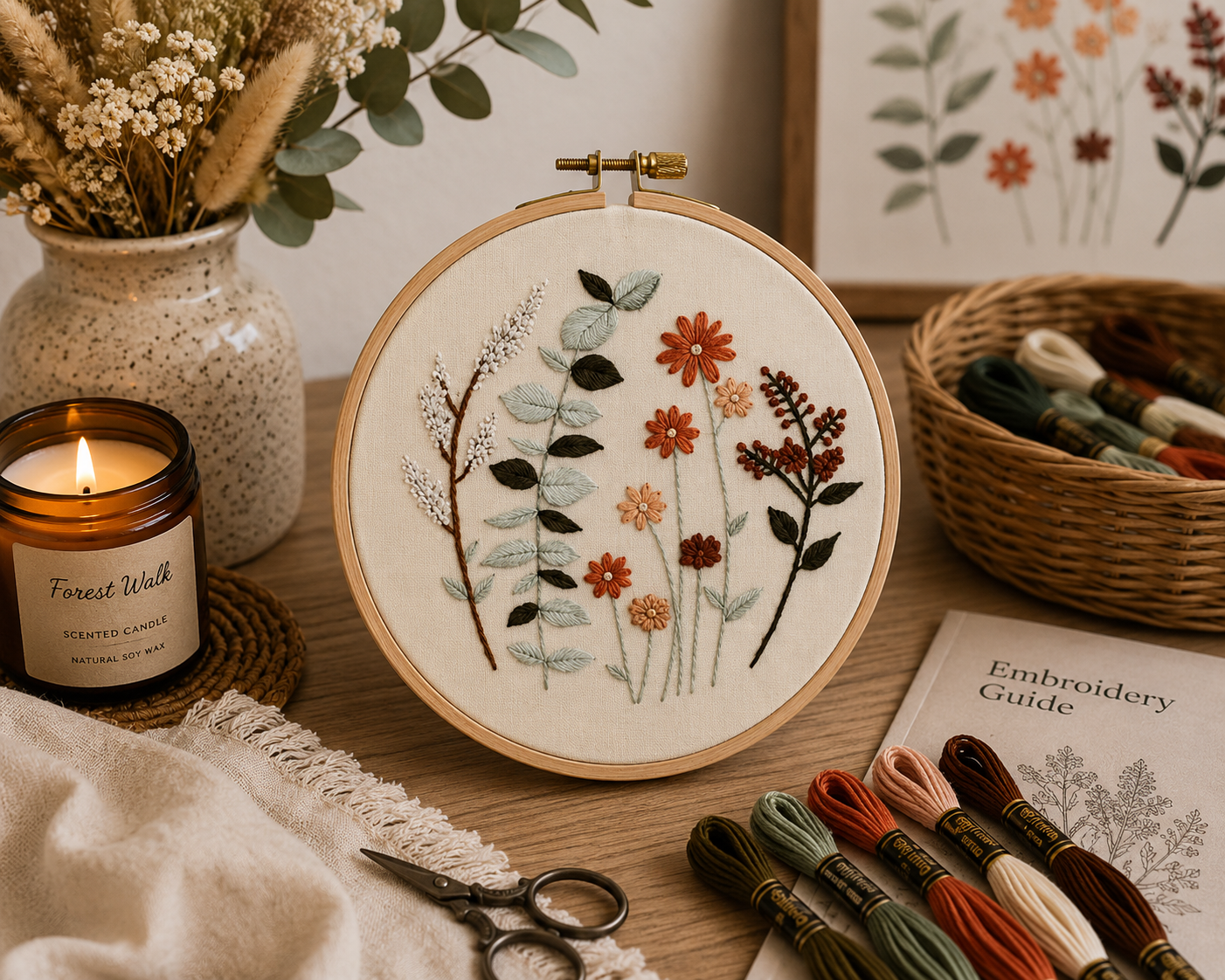 Embroidery hoop with floral design on a table with embroidery supplies and a candle.