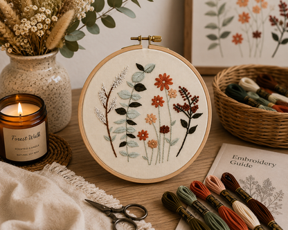 Embroidery hoop with floral design on a table with embroidery supplies and a candle.