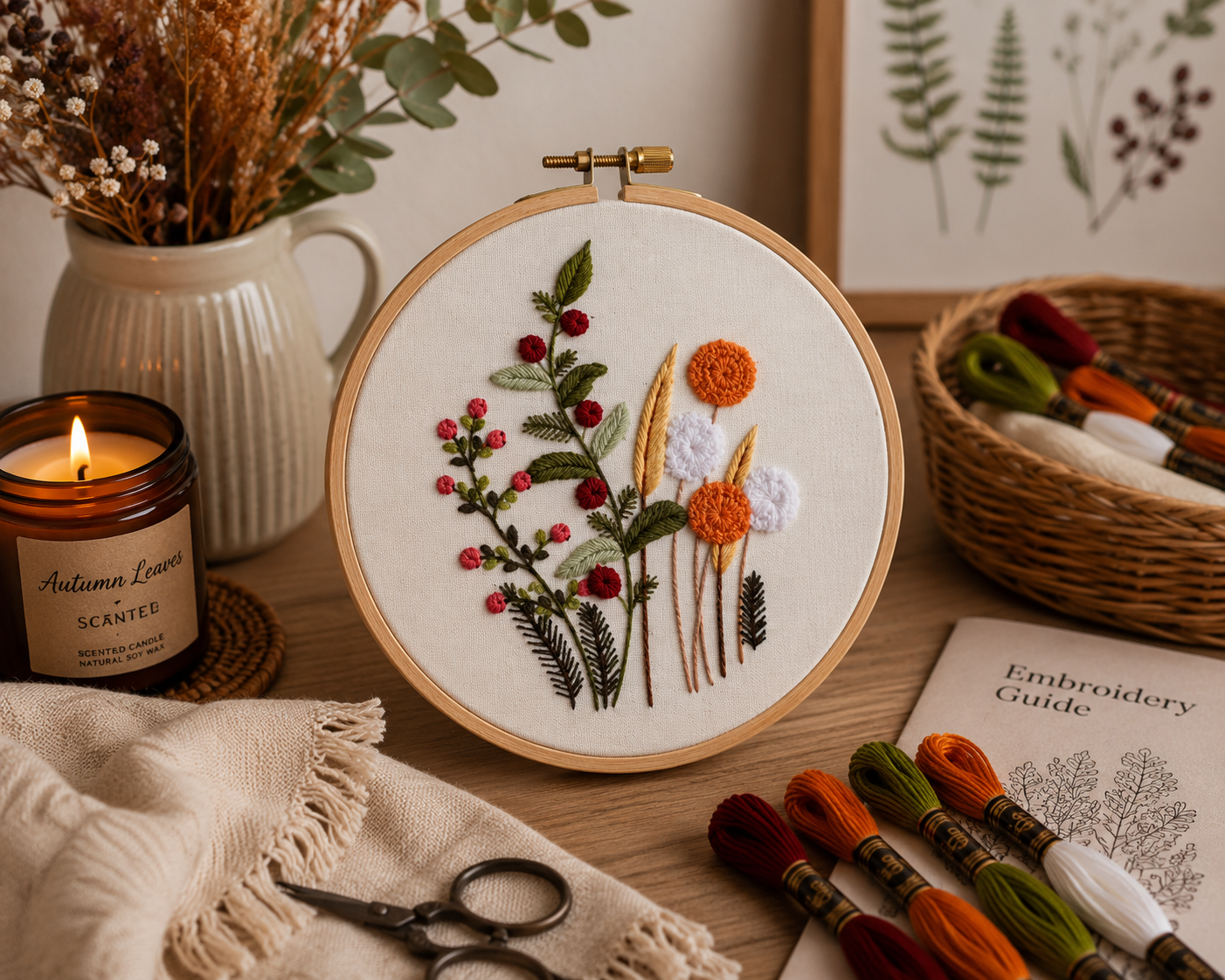 Embroidery hoop with floral design on a table with a candle and embroidery supplies.