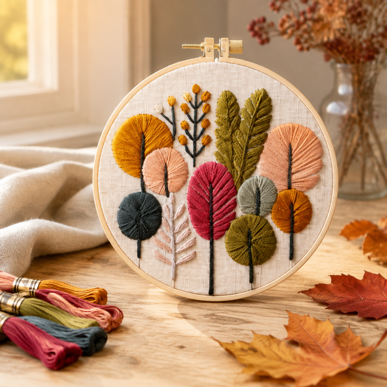 Embroidery design in a hoop that includes fall landscape with trees.