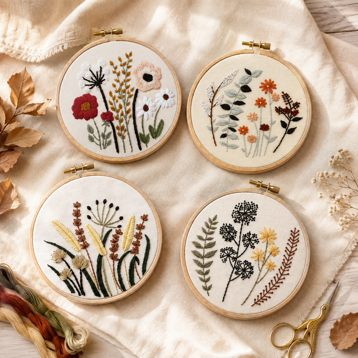 Four circular embroidery hoops displaying finished wildflower and botanical embroidery designs, arranged on a cream fabric background with dried leaves, gold scissors, and embroidery floss.