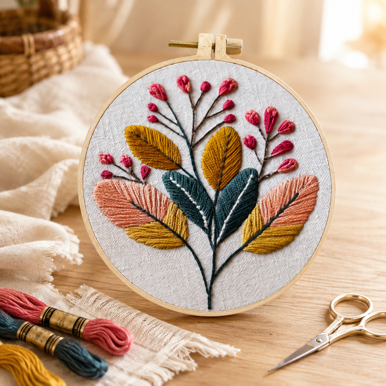 A round embroidery hoop holding a floral needlepoint design with mustard yellow, teal, peach, and pink stitched leaves and berries on a white fabric background, set on a wooden table with scissors, thread spools, and soft textiles nearby.