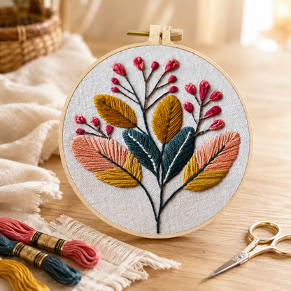 A round embroidery hoop holding a floral needlepoint design with mustard yellow, teal, peach, and pink stitched leaves and berries on a white fabric background, set on a wooden table with scissors, thread spools, and soft textiles nearby.