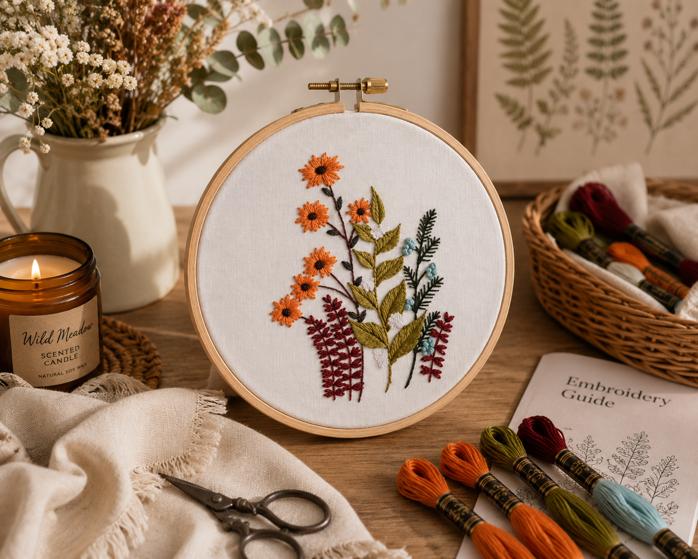 Embroidery hoop with floral design on a wooden table with embroidery supplies.