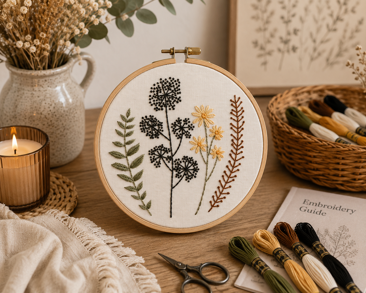 Embroidery hoop with floral design on a wooden table with embroidery supplies.