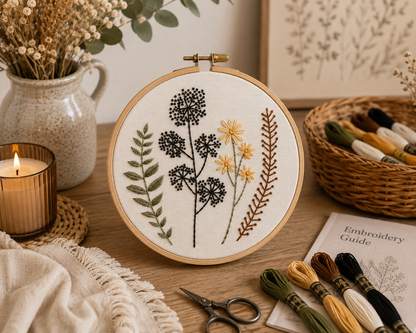 Embroidery hoop with floral design on a wooden table with embroidery supplies.
